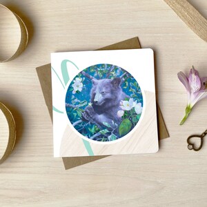 Little Bear with Star Greeting Card, Ursa Minor Square Wish Card, Fantasy Illustration, Sybiline