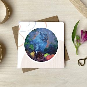 Carte de voeux chat fantastique, Carte de souhaits Bacchus, Illustration mythologique, Art fantastique, Sybiline