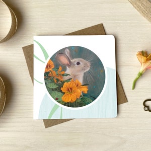 Carte de souhait lapin et capucines, Carte toute occasion pour elle, Art original, Papeterie, Sybiline