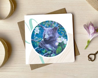 Little Bear with Star Greeting Card, Ursa Minor Square Wish Card, Fantasy Illustration, Sybiline