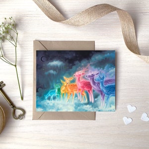 Rainbow Deers in the Clouds Greeting Card, Fantasy Oil Painting by Sybiline