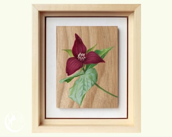 Trillium, Original Flower Painting on Wood, Miniature art