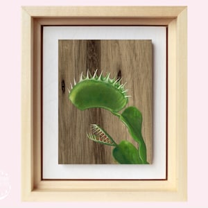 Miniature Oil Painting on Wood of a Venus Flytrap Plant