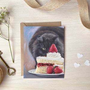 Strawberry Shortcake and Gray Cat Birthday Card, Oil Realistic Painting by Sybiline