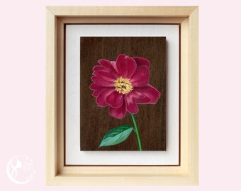Peony, Original Flower Painting on Wood, Miniature art