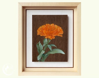 Original Miniature Painting on Wood, Marigold Painting, Flower Painting, Small Oil Framed Painting, Original Flower Painting, Birthday Gift