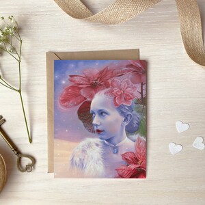 Carte de souhait Yule, Carte de Noël poinsettia, Peinture à l'huile par Sybiline