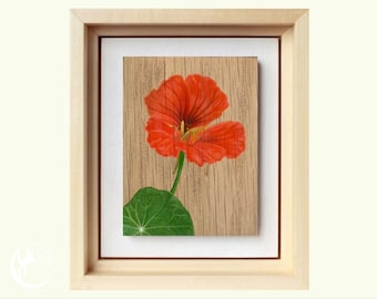 Original Miniature, Painting on Wood, Nasturtium Painting, OOAK Small Oil Painting Framed, Original Flower Painting, Birthday Gift