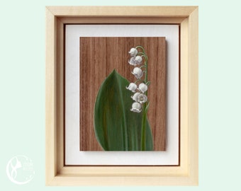 Original Miniature Painting on Wood, Lily of the Valley Painting, OOAK Small Oil Painting Framed, Original Flower Painting May Birthday Gift
