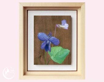 Original Miniature Painting on Wood, Violet, Painting, OOAK Small Oil Painting Framed, Original Flower Painting, Birthday Gift