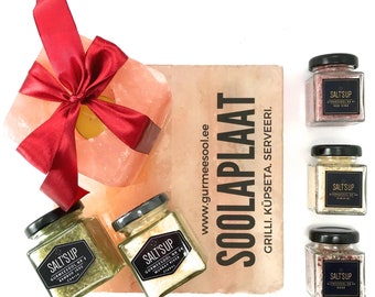 Geschenkdoos met 5 gastronomische zout, zoutplateau en zoutkaars