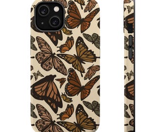 May include: A phone case featuring a repeating pattern of brown, orange, and tan butterflies on a cream background. The case has a black camera lens cutout and black buttons on the side. The design wraps around the edges of the case.