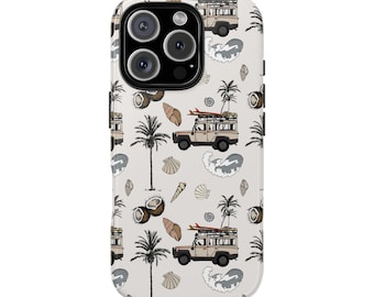May include: A phone case with a repeating pattern of a beige off-road vehicle with a surfboard on top, palm trees, coconuts, seashells, and waves. The case has a glossy finish and a black camera module.