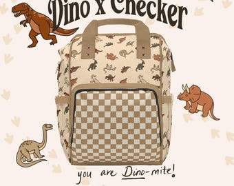 Dino and Checker Diaper Backpack, Gender Neutral Baby Bag