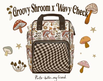 Groovy Mushroom and Wavy Checker Design, Multifunctional Diaper Bag Backpack