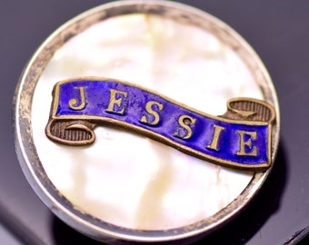 Lovely Antique Sweatheart badge Jessie enamel & MOP And white metal pin badge