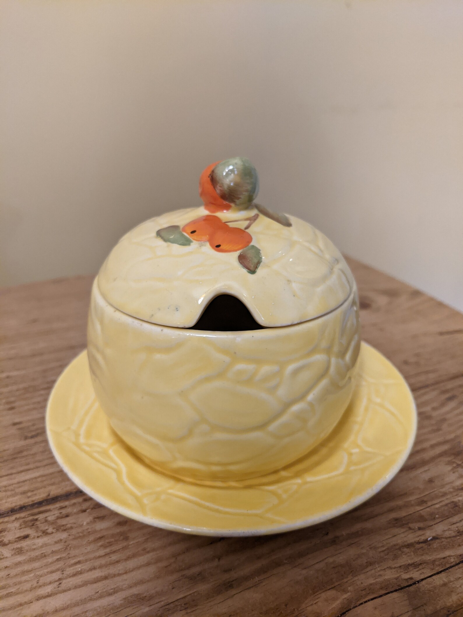 Vintage yellow ceramic jam/preserve pot and saucer with Etsy