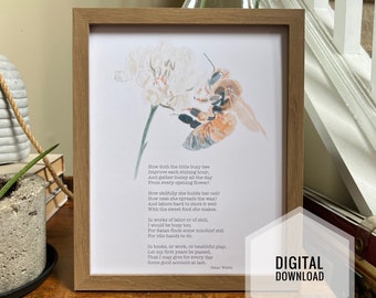 Honey Bee Watercolor With Isaac Watts Poem Digital Download 8x10