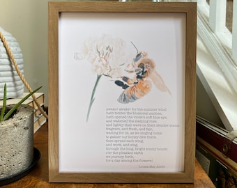 Honey Bee Watercolor With Louisa May Alcott Poem Digital Download 8x10