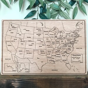 Engraved Wood United States Map/ USA States and Capitals Map/ Homeschool Map