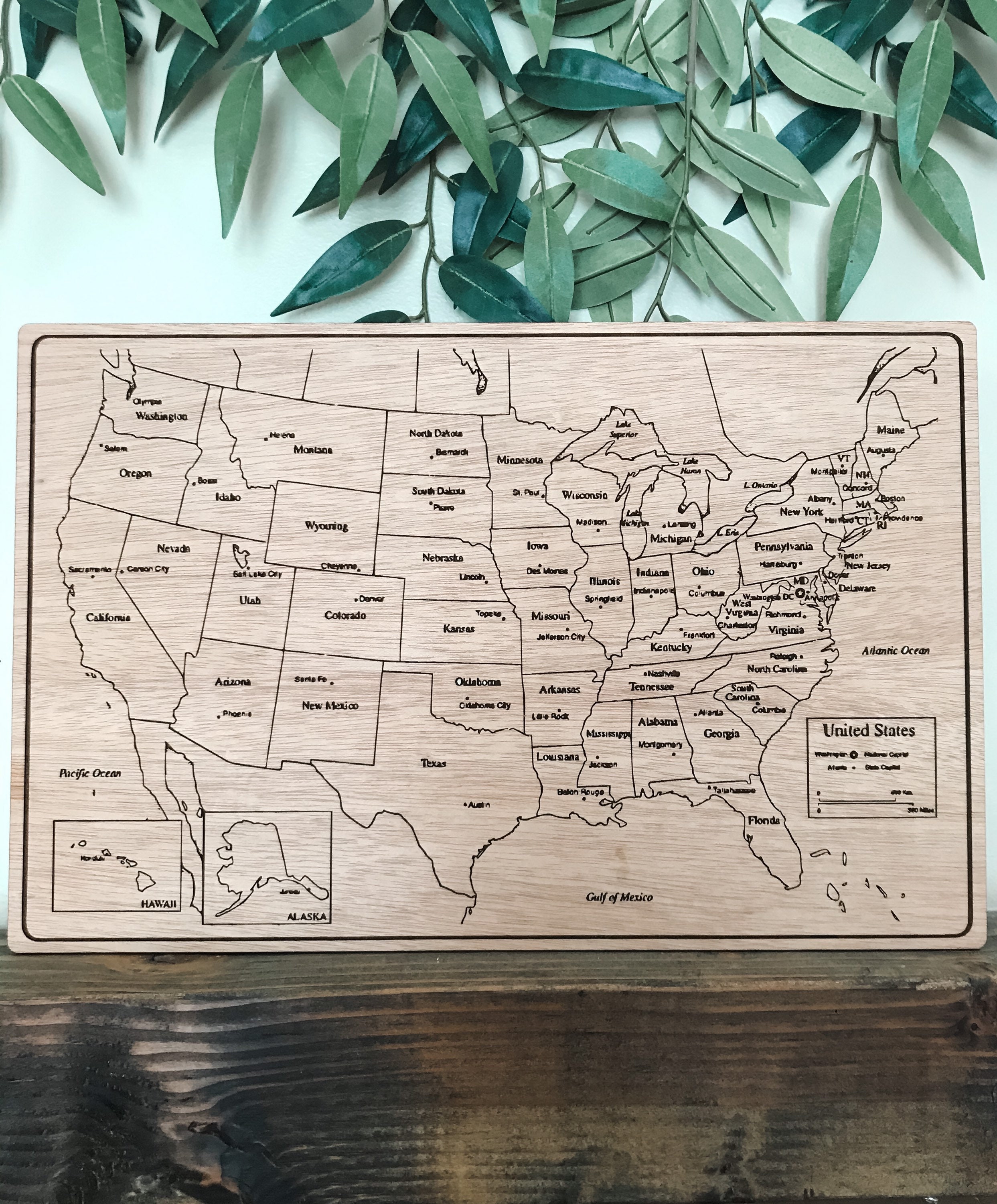 Engraved Wood United States Map/ USA States and Capitals Map
