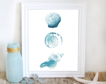 3 Watercolor Sea Shells Coastal Art Printable Sea Life Wall Art Beach Decor Instant Download Aqua Shell Print 11x14 8x10 Watercolor Painting