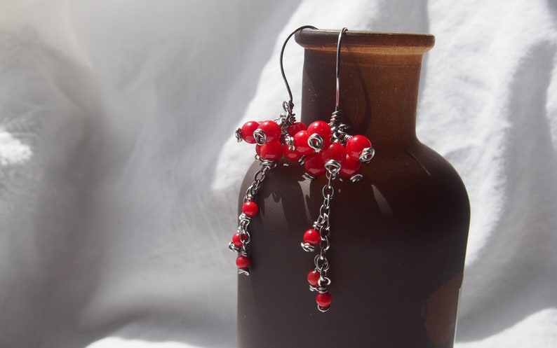 Rowan-berries surgical steel earrings with Czech glass red beads and stainless steel chain
