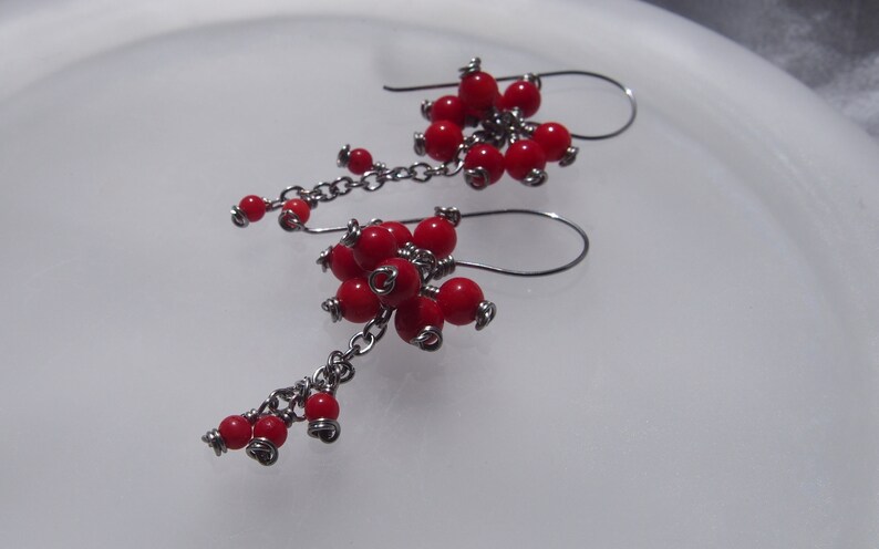 Rowan-berries surgical steel earrings with Czech glass red beads and stainless steel chain