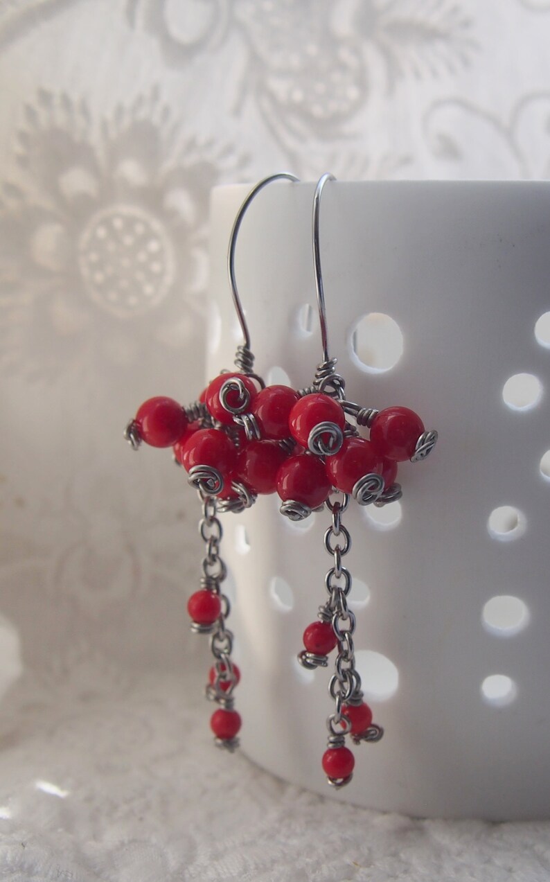 Rowan-berries surgical steel earrings with Czech glass red beads and stainless steel chain