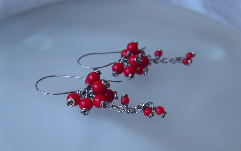 Rowan-berries surgical steel earrings with Czech glass red beads and stainless steel chain