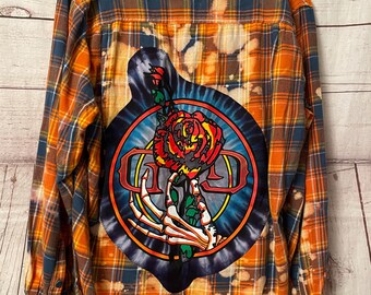 UpCycled Unisex/Men’s EXTRA LARGE (please read info about size) Bleached Flannel w/Grateful Dead Shirt Appliqué Back Patch *One of a Kind*
