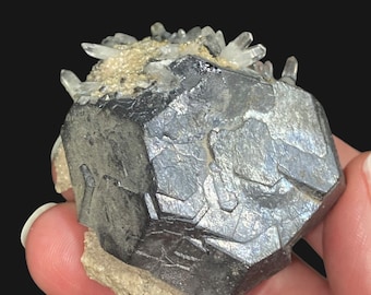 Kosovo Natural Galena Crystal Cluster with Clear-Tipped Quartz Crystals and Tan Dolomite from Trepça Mines Kosovo