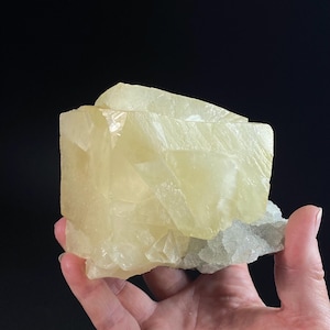 Yellow Rhombic Calcite with Chalcedony & Minor Basalt Matrix