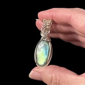 Labradorite and Sterling Silver Wire Wrapped Pendant with Green Blue Flash