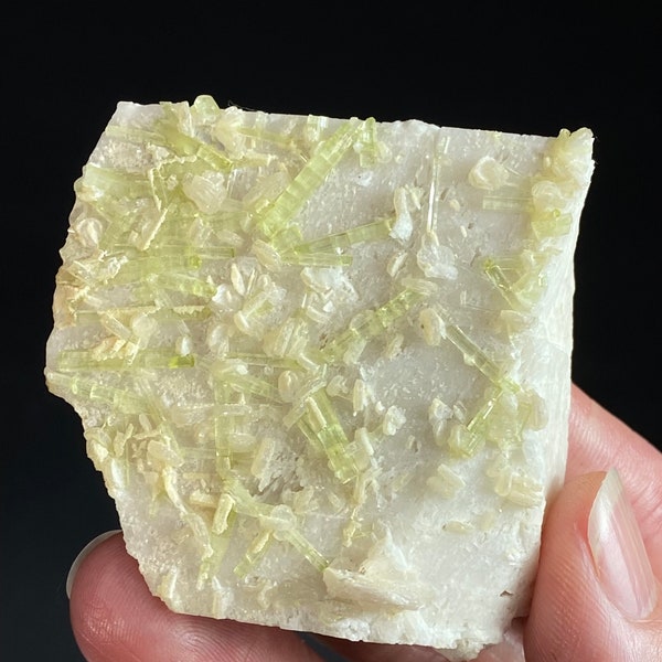 Green Tourmaline Crystals with Lepidolite on Microcline Feldspar