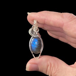 Labradorite and Sterling Silver Wire Wrapped Pendant with Blue Flash
