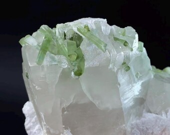 水晶に埋め込まれたレピドライト入りグリーントルマリン結晶、ラグマン