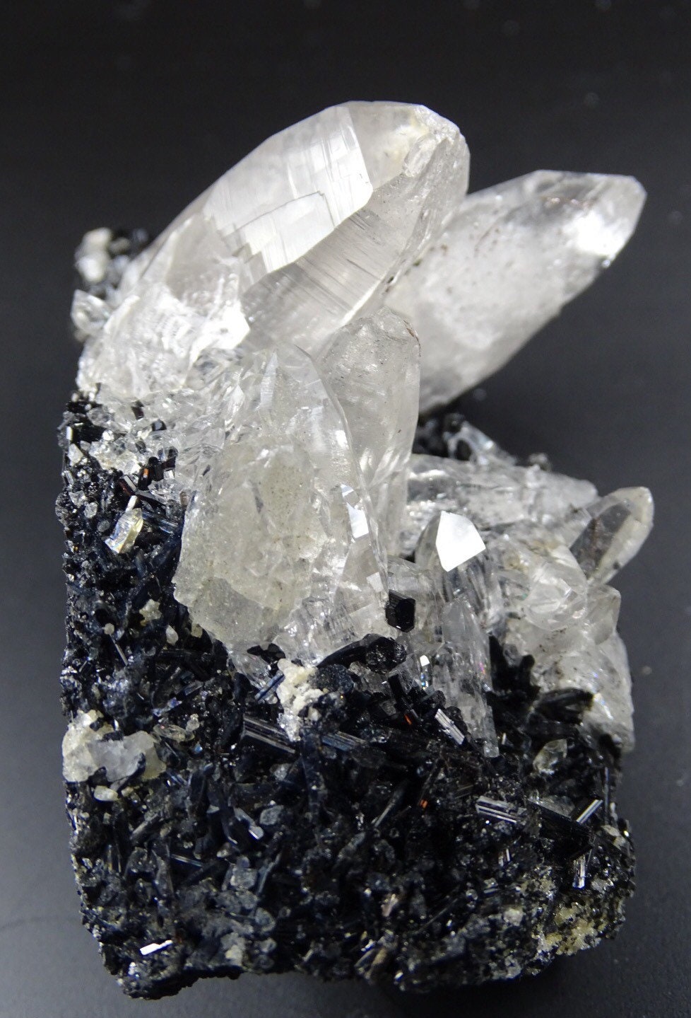 Clear Quartz Crystals with Black Tourmaline on Matrix