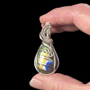Labradorite and Sterling Silver Wire Wrapped Pendant with Green, Orange and Blue Flash