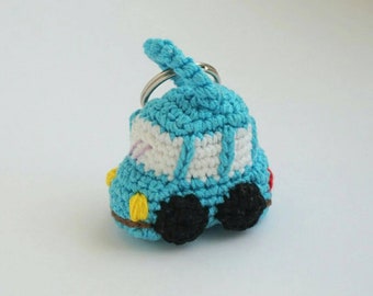 Blue car - crochet amigurumi keychain - mint color