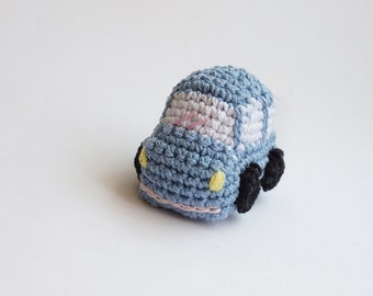 Blue car - crochet amigurumi keychain - soft blue color