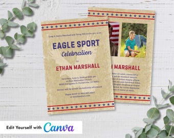 Plantilla de Canva para anuncio e invitación con foto de águila patriótica en pergamino
