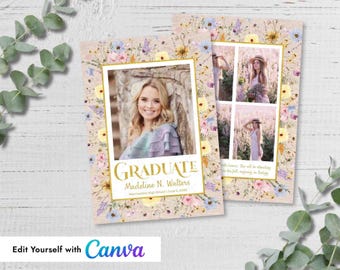 Plantilla de invitación para anuncio de graduación con fotos de flores silvestres de primavera para Canva