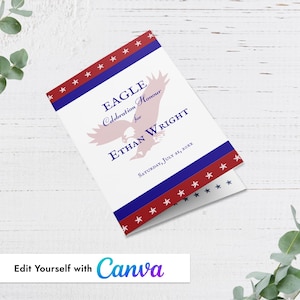 May include: A folded white invitation with red and blue stripes and stars. The text reads "EAGLE Celebration Honour for ETHAN WRIGHT" with a silhouette of an eagle. The date "Saturday, July 21, 20xx" is also included.
