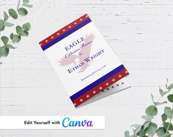 Programa de eventos con plantilla de Canva del águila militar con borde tricolor rojo, blanco y azul