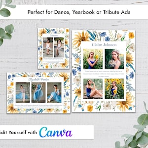 May include: A collection of photo templates with floral borders, featuring images of people. The templates are labeled with names and the text "Perfect for Dance, Yearbook or Tribute Ads" and "Edit Yourself with Canva".