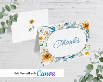 Tarjeta de agradecimiento con marco ovalado de flores silvestres azules y amarillas (plantilla de Canva, edítala tú mismo).
