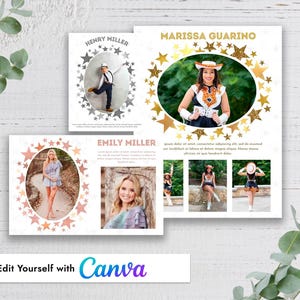 May include: Three custom photo cards with star and oval frames. The cards feature photos of people, with names above the images. The text "Edit Yourself with Canva" is at the bottom of the image.