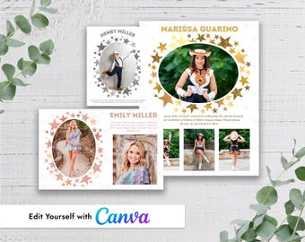 Plantilla de Canva para anuncio personal ovalado con estrellas metálicas, anuncio para recital de danza, anuario y programa de teatro para estudiantes de último año.