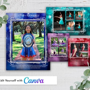 Op de afbeelding: Een verzameling gepersonaliseerde fotokaarten met decoratieve frames. Eén kaart toont een vrouw die een decoratieve plaat vasthoudt, met de naam "Sylvia Rodriguez". Andere kaarten tonen dans- en portretfoto's.